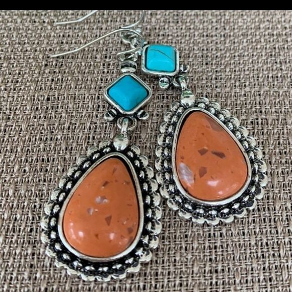 Boho Turquoise and Coral Silver Plated Drop Earrings - Picture 4 of 5